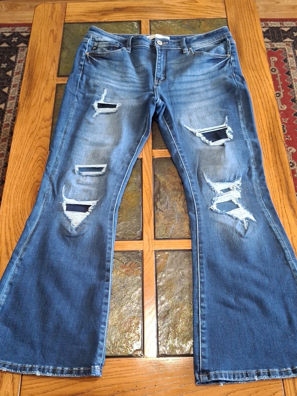 KanCan Medium Blue Distressed Flare Leg Jeans - Picture 2 of 9